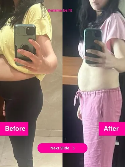 A little progress each day adds up to big results. This mama went from 68.25 kg to 66.8 kg in 4 weeks, with a visible reduction in tummy size and bloating, all while eating balanced meals.
