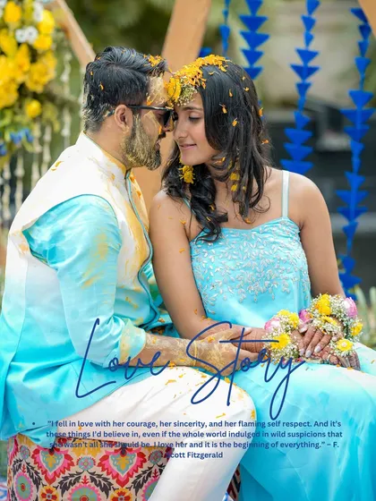 A poster-style image from a Haldi ceremony, capturing the couple in a moment of quiet connection. The blue and yellow color palette is unique and beautiful.