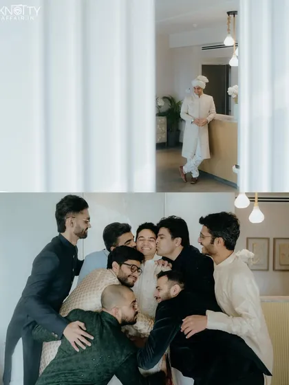A heartwarming moment of the groom being embraced by his groomsmen. We capture the bonds of friendship on your wedding day.
