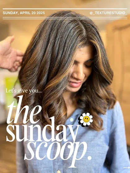 The cover of our Sunday Scoop, featuring a beautiful caramel-toned balayage that's perfect for adding brightness and dimension.