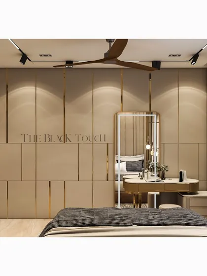 This angle of the bedroom render highlights the custom wardrobe and vanity area. The use of vertical lines and reflective surfaces helps to make the space feel taller and more spacious.