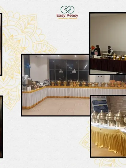 A collection of photos showing our standard buffet setups in various indoor venues, highlighting our consistent use of quality brass serving dishes.