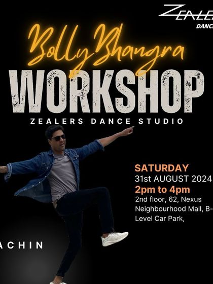 This poster announces our Bolly Bhangra workshop with instructor Sachin. It captures the high-energy, expressive style you can expect to learn.