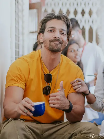 Capturing a relaxed moment with actor Harshvardhan Rane as he enjoys a cup of tea and gives a thumbs-up.