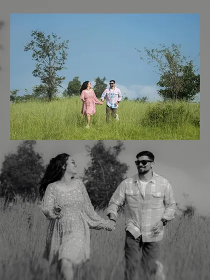 A dynamic shot of the couple running through a field, capturing their energy and happiness.