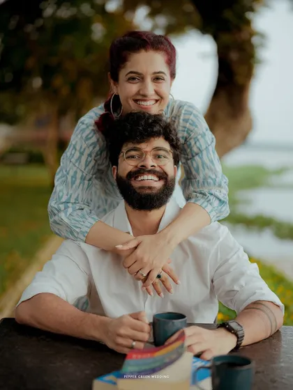 A happy portrait taken during a quiet moment by the backwaters. This pre-wedding shoot was about capturing their relaxed and joyful connection.