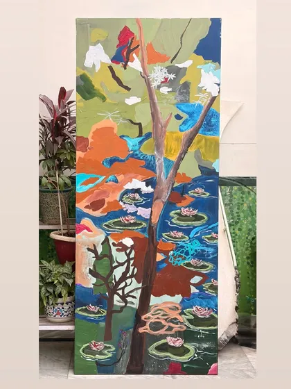 This giant 7.5ft x 3ft painting was created for a home in Mumbai. It's an abstract representation of a life cycle, with water lilies signifying peace and harmony amidst the raw, colorful strokes.