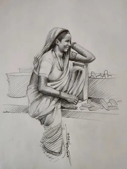 A pencil sketch of a woman selling goods at a market. These studies of everyday life help me develop my ability to tell a story through my drawings.