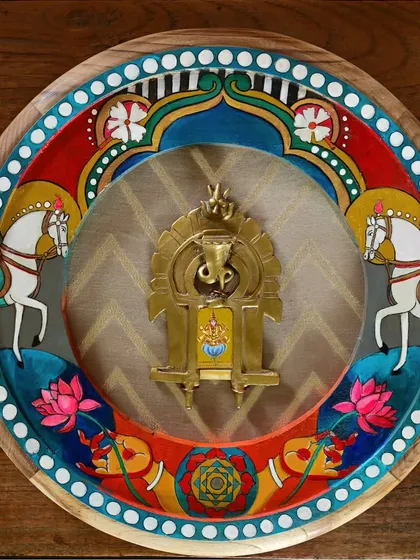 The completed Shukra (Venus) frame, a hand-painted piece dedicated to the Guru of the Asuras. The design incorporates the Shukra yantra and other emblems of beauty and attachment, all within a restored vintage frame.