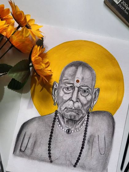 A close-up of the Swami Samarth sketch, focusing on the detailed line work on his face and the texture of the graphite. Every stroke is a prayer for peace and guidance.