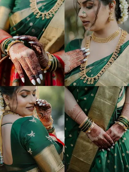 A collage of bridal details, focusing on the bride's hands, henna, jewelry, and candid expressions. This is a beautiful way to remember all the elements of the bridal look.