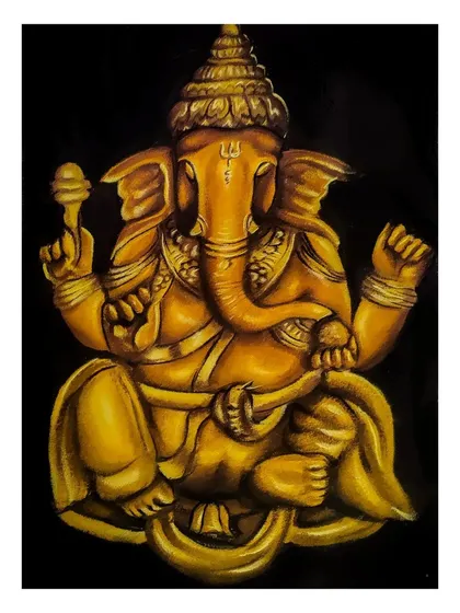 Another view of the golden Ganesha rangoli. This image highlights the intricate details on the crown and trunk, all meticulously crafted using coloured powders to achieve a realistic, embossed look.