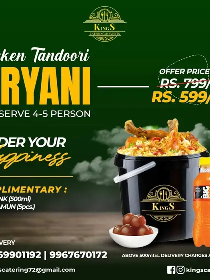 Order your happiness with this amazing deal. A 3kg bucket of our Chicken Tandoori Biryani that serves 4-5 people. It's complimentary with a soft drink, gulab jamun, raita, and salad. A perfect meal for a small family.