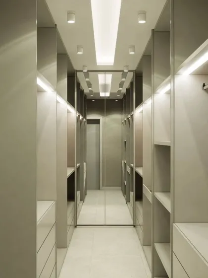 A duplicate image of the elegant walk-in closet, highlighting the mirrored walls and bright, even lighting.