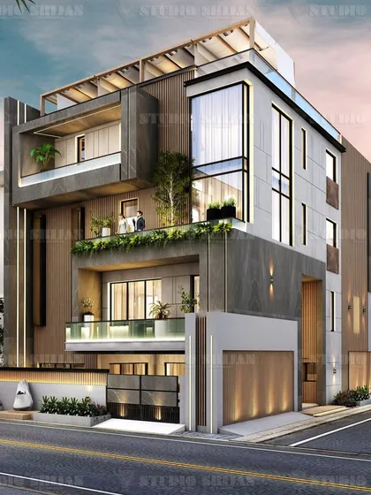 A corner view of a 428 sq. yard home in Shalimar Bagh, New Delhi. The design uses a mix of materials and projecting volumes to create a visually engaging facade that changes appearance from different angles.