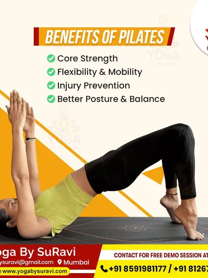 This image showcases the benefits of Pilates, including core strength, flexibility, and injury prevention, all achievable through our guided at-home sessions.