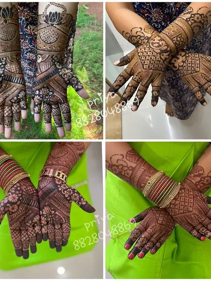 A collage showcasing four different styles of bridal hand mehndi. You can see the variety in my work, from designs with lotus motifs to those with bold geometric patterns, all with a rich, dark henna stain.