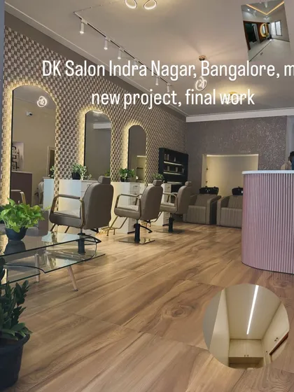 We also handle commercial projects, like this complete paint and texture job for DK Salon in Indra Nagar. We created a sophisticated and welcoming environment with patterned accent walls and clean finishes that match the brand's style.