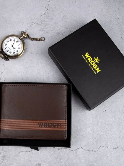 The brown striped 'WROGN' wallet in its branded gift box.