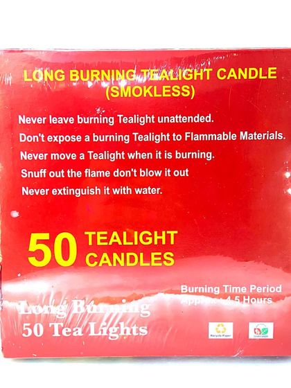 The back of the red box includes important safety instructions for using the long-burning, smokeless tealight candles.
