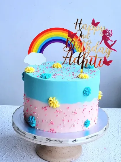 Another angle of the two-tone rainbow cake.