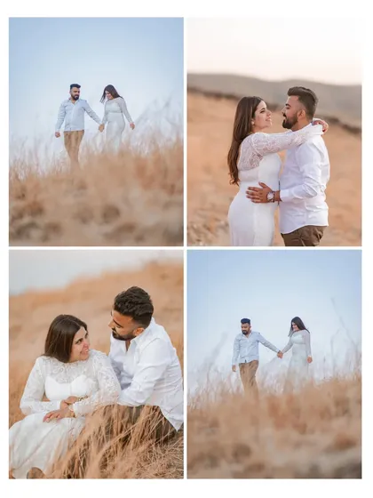 A collection of four images from a golden hour pre-wedding shoot in a grassy field. This shows how we capture a variety of poses and interactions, from walking hand-in-hand to sharing a quiet moment.