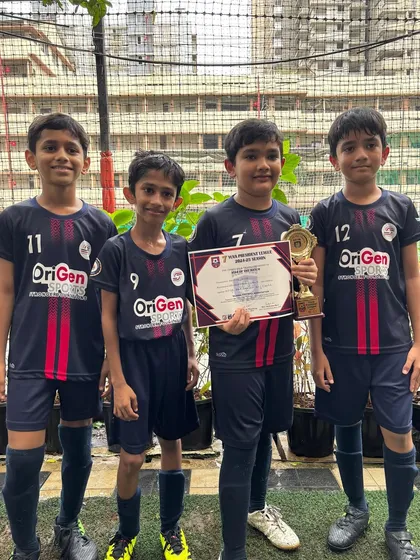 Our U11 team with Aditya, who earned the 'Player of the Match' trophy in the MFA YPL. Even in a tough match, we celebrate individual excellence and growth.