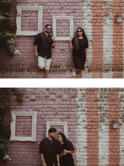 A creative collage of the couple posing with empty picture frames on a brick wall, a fun and unique concept.