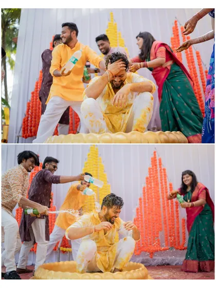 The groom's friends playfully douse him with water during a fun-filled Haldi celebration. I love capturing these candid, high-energy moments.