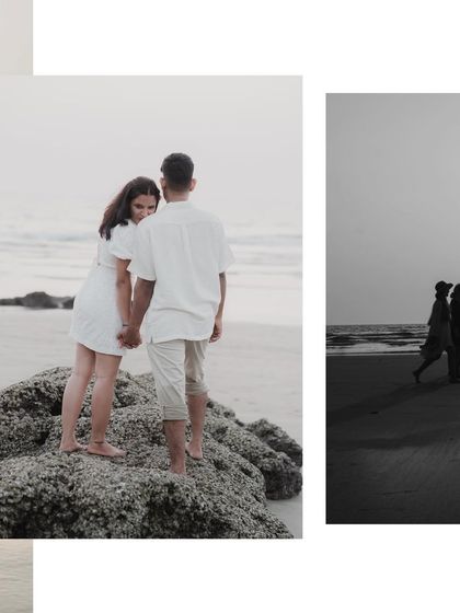 A moody, artistic collage with the couple standing on a rock and a black and white shot of them walking, creating a sense of drama and romance.
