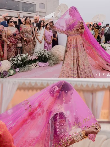 The bride's entry is pure magic. For Priyanka, we chose a stunning Tarun Tahiliani lehenga and added a custom-made veil that added a dramatic and personal touch to her bridal look.
