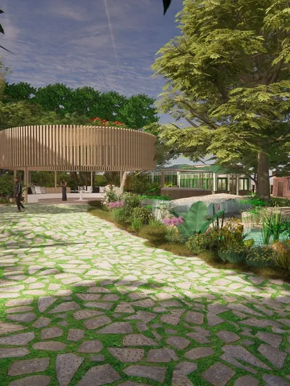 A 3D view of a weekend getaway project, featuring a central circular pavilion and a crazy-paved stone path. The design balances structured elements with natural, free-flowing green spaces.