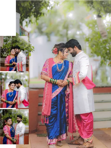 This photo series captures the couple's romantic moments, from gentle forehead touches to quiet embraces, all in their stunning blue and pink wedding attire.