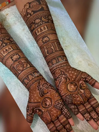 This is what a full bridal mehandi looks like. My course covers everything you need to know to create such detailed and story-rich designs, from filling patterns to placing traditional figures perfectly.