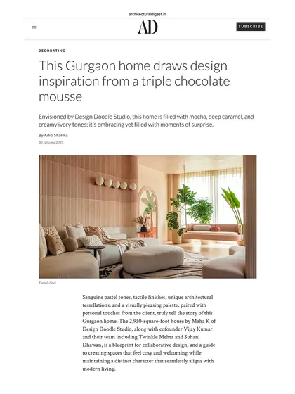 The headline from our Architectural Digest feature, describing the Gurugram home's design inspiration from a triple chocolate mousse.