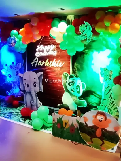 This jungle-themed birthday setup is a perfect example of how I bring a concept to life. I used a mix of elements like a personalized neon sign for the birthday boy, Aarshiv, cute animal cutouts, and a lush balloon arch to create an immersive and photo-ready backdrop.