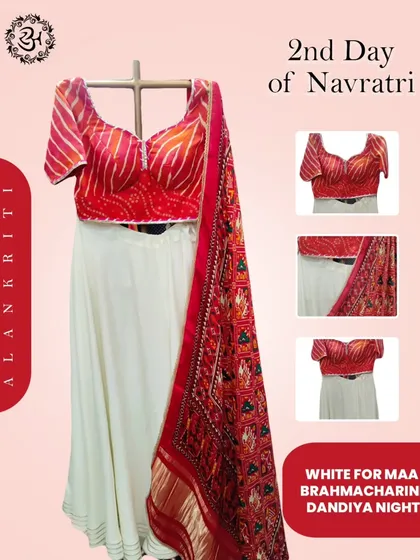 A graphic presenting the white and red Navratri lehenga, a beautiful choice for celebrating tradition with style.