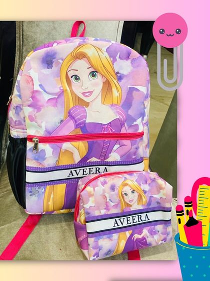 For the little princess, we have this beautiful Rapunzel-themed backpack and matching pouch, both personalised with her name.
