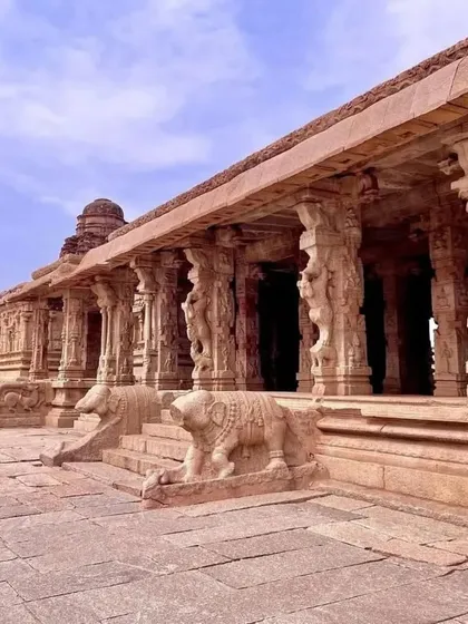 The intricately carved pillars of the Vittala Temple complex in Hampi, a masterpiece of ancient Indian architecture.