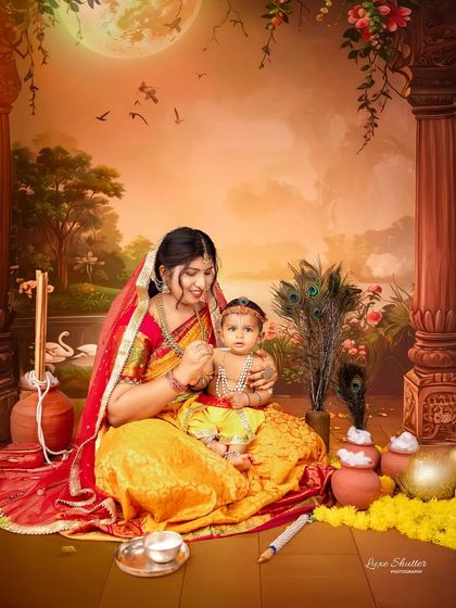 Another variation of the Krishna theme, this one with a more mythical, illustrated background. These fine-art portraits make for truly unique and cherished family heirlooms.
