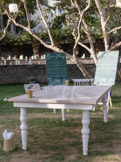 A custom beer pong table set up for a welcome dinner in Udaipur. We love incorporating fun and games to help guests break the ice and get the party started.