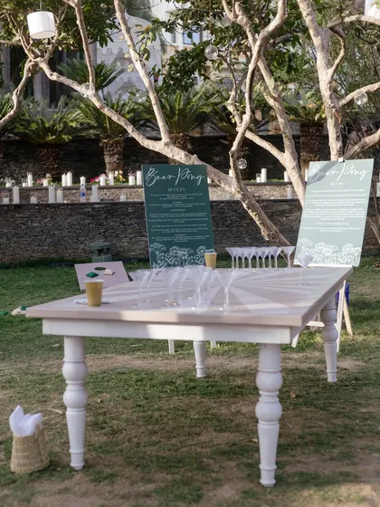 A custom beer pong table set up for a relaxed welcome dinner. We love incorporating casual, fun activities that encourage guests to mingle and enjoy themselves.