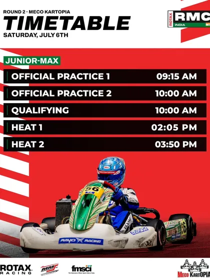 The Saturday schedule for the Junior Max class at Round 2 in Meco Kartopia.