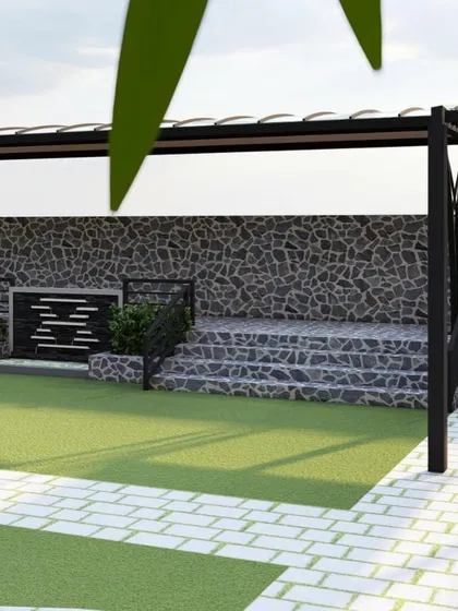 A perspective view from the 3D model, showing the proposed stone-walled seating area and pergola.