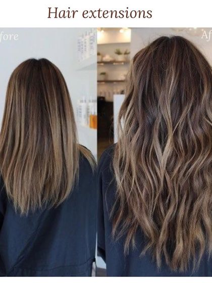 This before and after shows how hair extensions can also be used to add volume and texture. The client's hair looks much fuller and is styled in beautiful waves.
