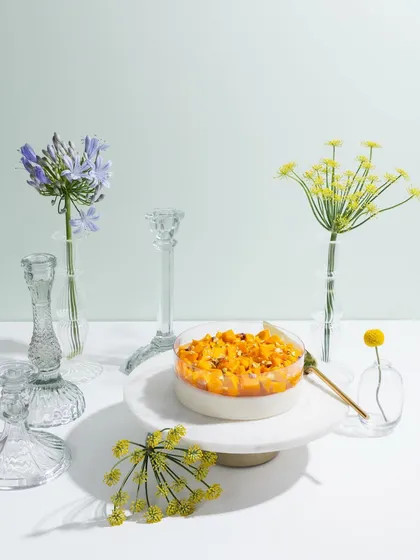 Our mango panna cotta, a light and silky dessert perfect for a warm day.