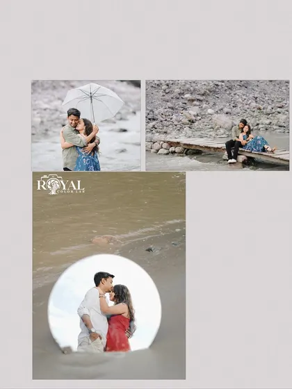 A collage that creatively uses a mirror to reflect a couple's kiss, combined with other romantic shots from their session.