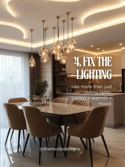 Finally, fix the lighting. Use more than just ceiling lights. Adding lamps creates warmth and mood, transforming the ambiance of your living room.