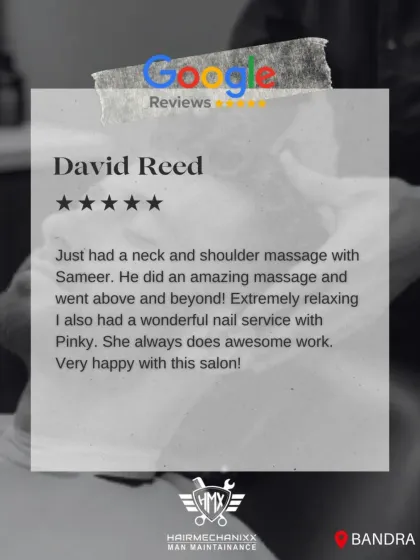 "Extremely relaxing... Very happy with this salon!" This client from our Bandra outlet praised both the amazing neck and shoulder massage and the wonderful nail service, showing our range of talent.