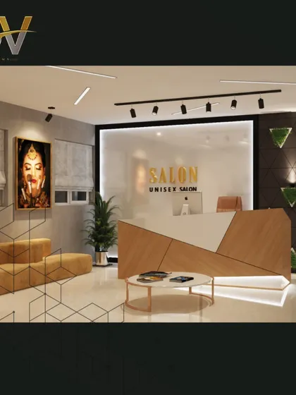 The reception and waiting area of a modern unisex salon, brought to life through a detailed 3D render. This design features a geometric reception desk, comfortable modular seating, and a combination of track and accent lighting to create a professional and welcoming first impression for clients.